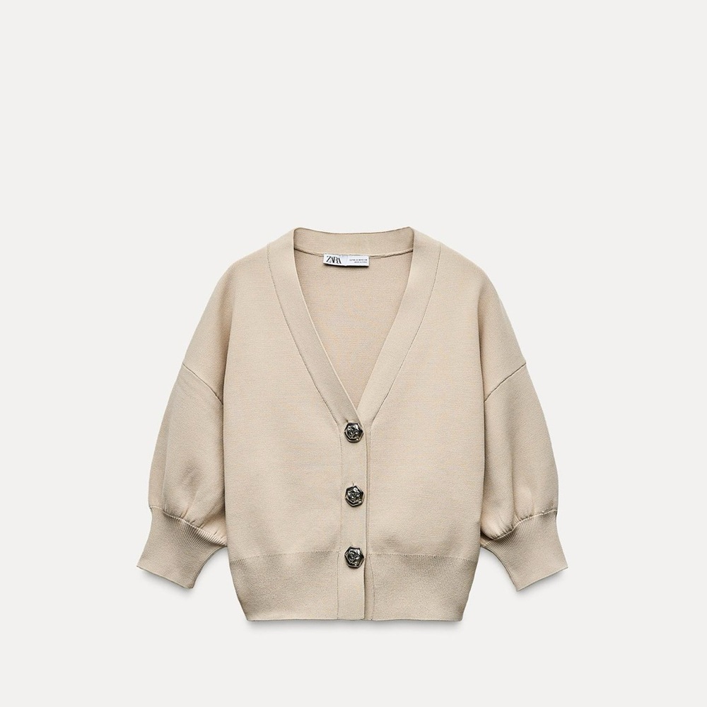 Zara Beige Knit Cardigan with Floral Buttons
